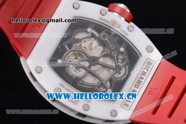 Richard Mille RM 055 Miyota 9015 Automatic Steel Case with Skeleton Dial Dot Markers White Ceramic Bezel and Red Rubber Strap - Click Image to Close